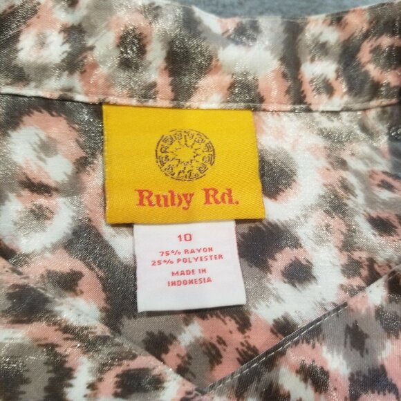 Ruby Rd Women’s Animal Print Pink Ruffle Blouse Top Size 10 Roll Tab Sleeve Gray - Picture 3 of 8